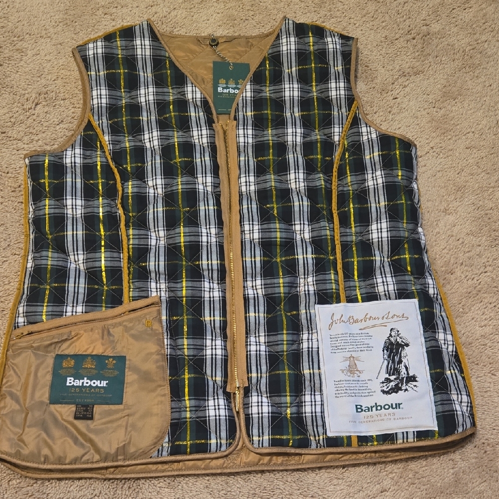 Barbour Ladies Icons Betty Liner Vest -Gold & Black, White, and Tan. Size 12